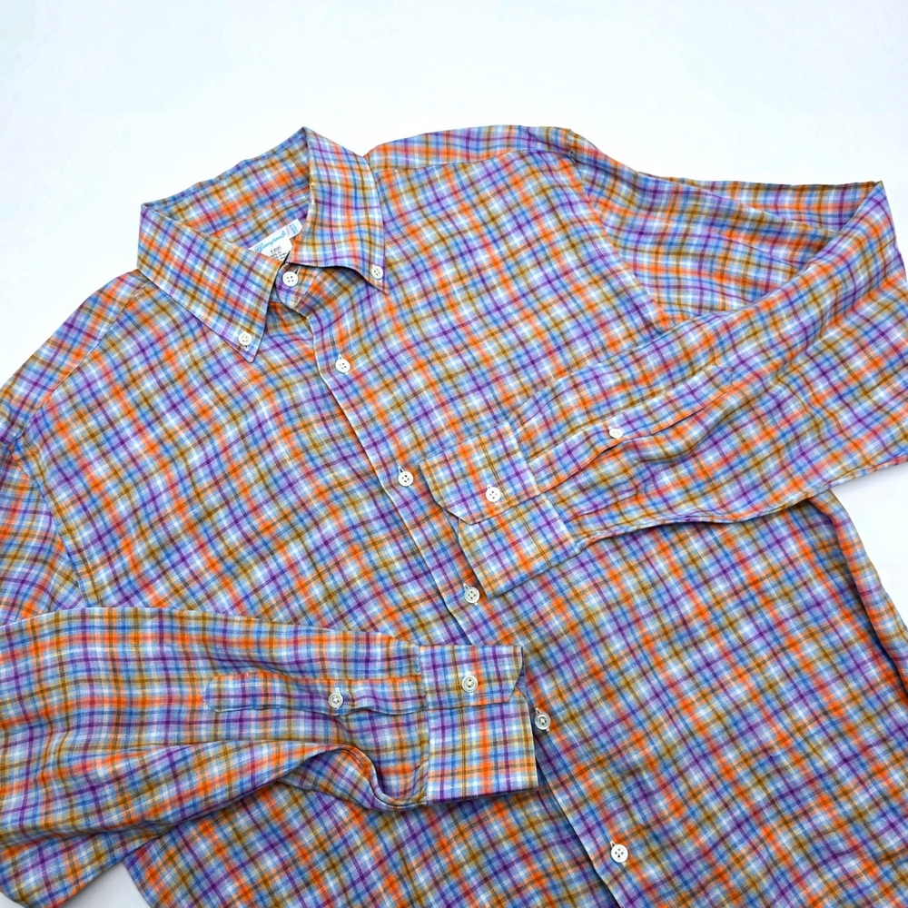 Giampaolo Mens 100% Linen Plaid Button Down Shirt Large Purple Orange Italy